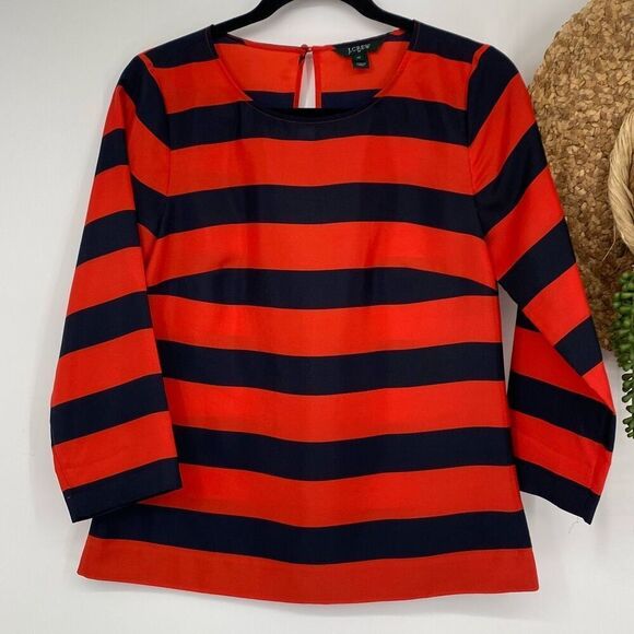 J.Crew Striped Keyhole Neck Polyester Blouse Top Navy Red XS‎ - Picture 1 of 12